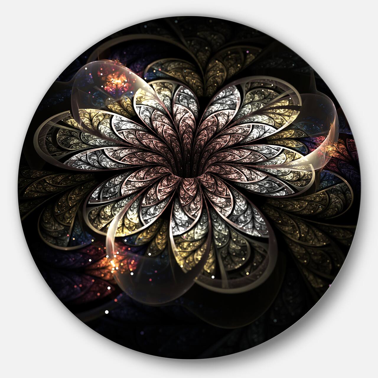 Designart - Rounded Glowing Golden Fractal Flower&#x27; Floral Metal Circle Wall Art